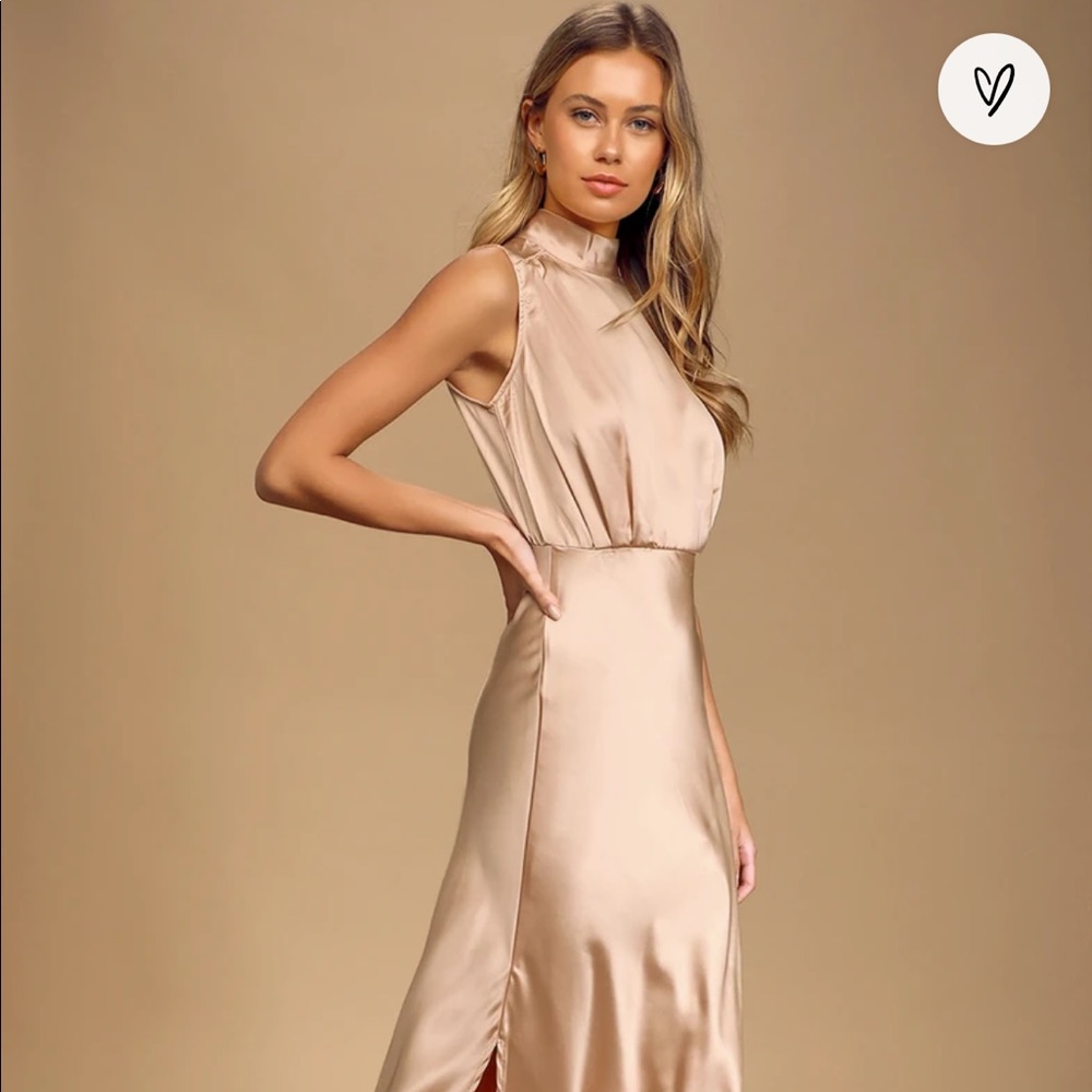 Lulu’s Classic Elegance Blush Satin Sleeveless Mock Neck Maxi Dress,  champagne